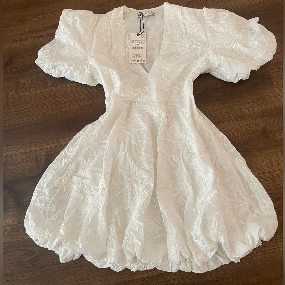 Zara White Asymmetrical Puff-Sleeve Bubble Hem Dress
